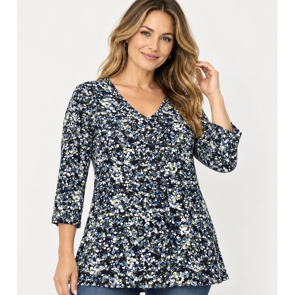 Kim & Co Navy Blue Floral V-Neck 3/4 Sleeve Tunic Top Size M NWT